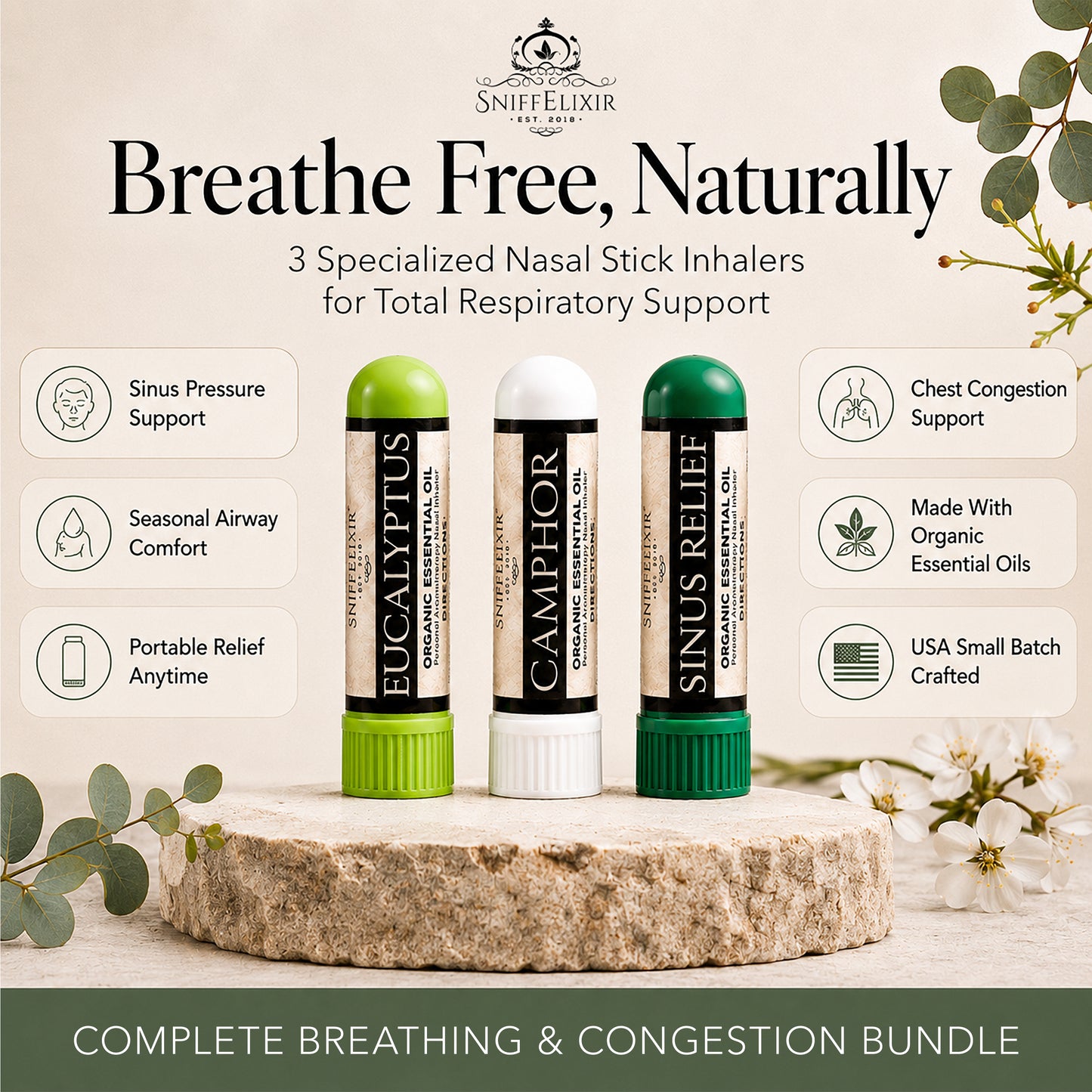 SniffElixir - Breathe Free - Essential Oil Nasal Inhaler - (3 Pack)